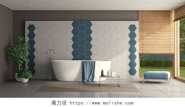 简约的六角形瓷墙的浴室带有浴缸和六角形瓷墙的最低限度浴室. 3D渲染